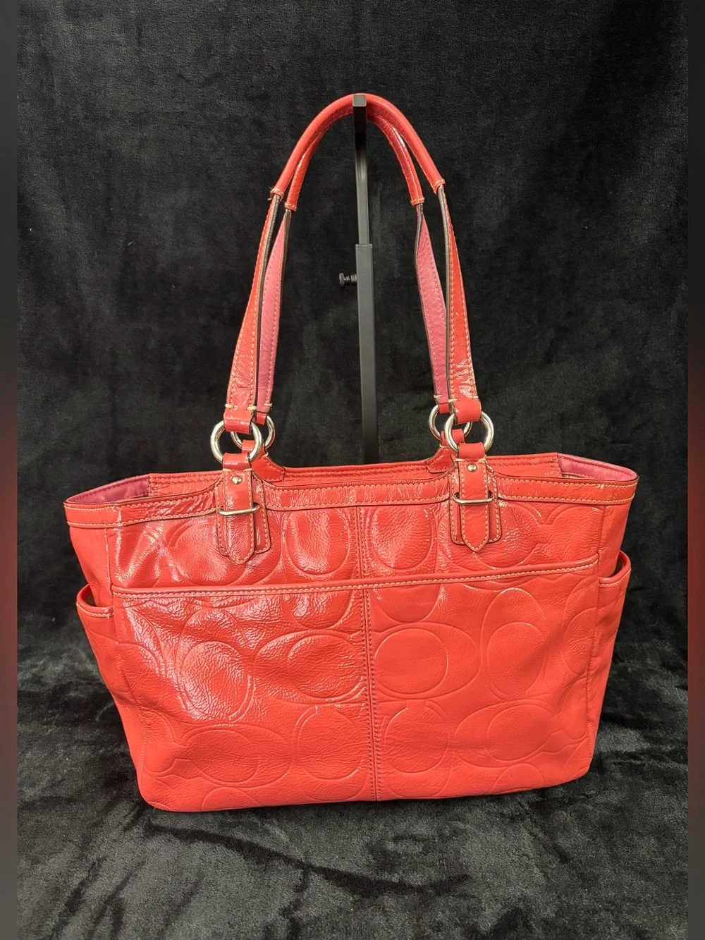 Coach Gallery Tote Coral Pink Signature Embossed Patent Leather F19462